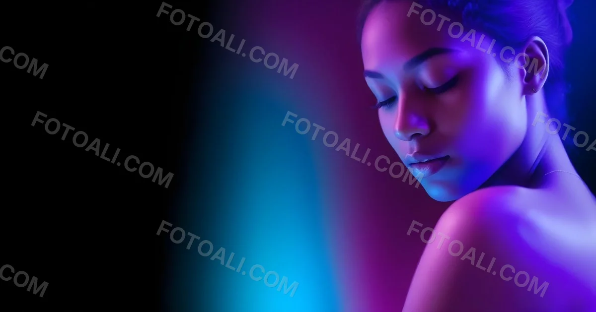 Minimal Soft Studio Light Photography A White Woman 23 Years Old With Dark Skin And Her Eyes Closed In A Dark Background With Blue And Purple Lights High Detail Solid Bold Color Background 10 000e