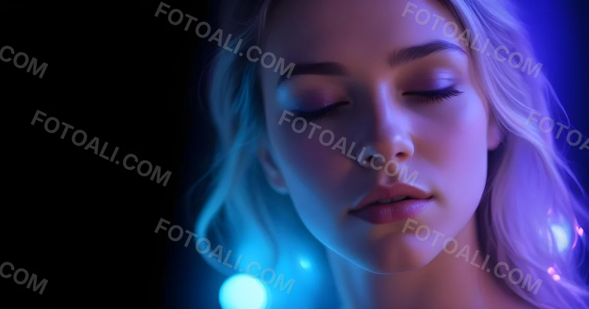 Minimal Soft Studio Light Photography A White Woman 23 Years Old With Dark Skin And Her Eyes Closed In A Dark Background With Blue And Purple Lights High Detail Solid Bold Color Background 11 D90f