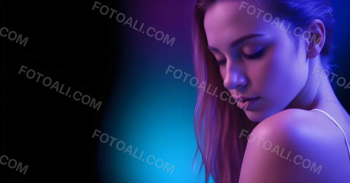 Minimal Soft Studio Light Photography A White Woman 23 Years Old With Dark Skin And Her Eyes Closed In A Dark Background With Blue And Purple Lights High Detail Solid Bold Color Background 13 8cde