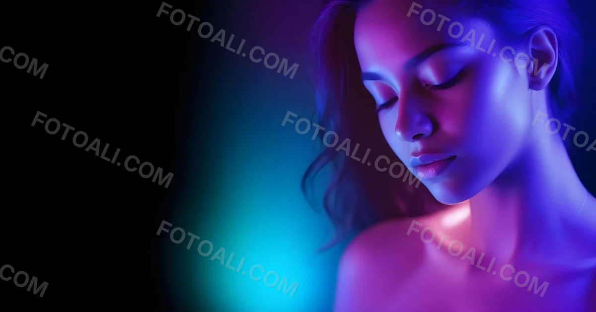 Minimal Soft Studio Light Photography A White Woman 23 Years Old With Dark Skin And Her Eyes Closed In A Dark Background With Blue And Purple Lights High Detail Solid Bold Color Background 20 Ea98
