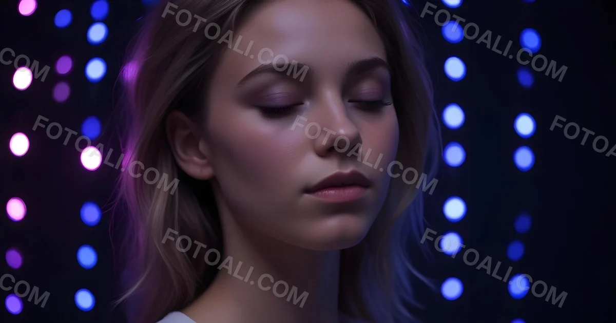 Minimal Soft Studio Light Photography A White Woman 23 Years Old With Dark Skin And Her Eyes Closed In A Dark Background With Blue And Purple Lights High Detail Solid Bold Color Background 23 E58a