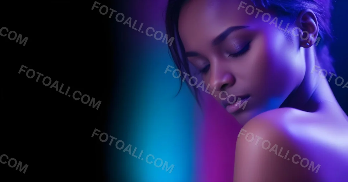 Minimal Soft Studio Light Photography A White Woman 23 Years Old With Dark Skin And Her Eyes Closed In A Dark Background With Blue And Purple Lights High Detail Solid Bold Color Background 3 3c5c
