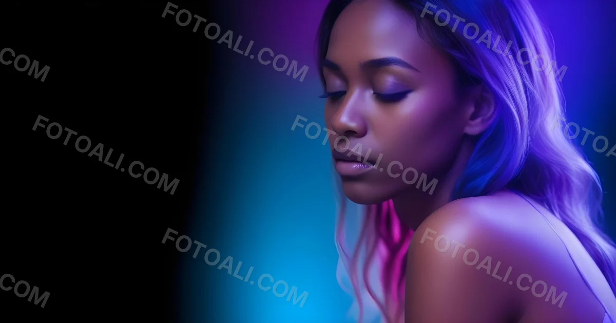 Minimal Soft Studio Light Photography A White Woman 23 Years Old With Dark Skin And Her Eyes Closed In A Dark Background With Blue And Purple Lights High Detail Solid Bold Color Background 30 0fbf
