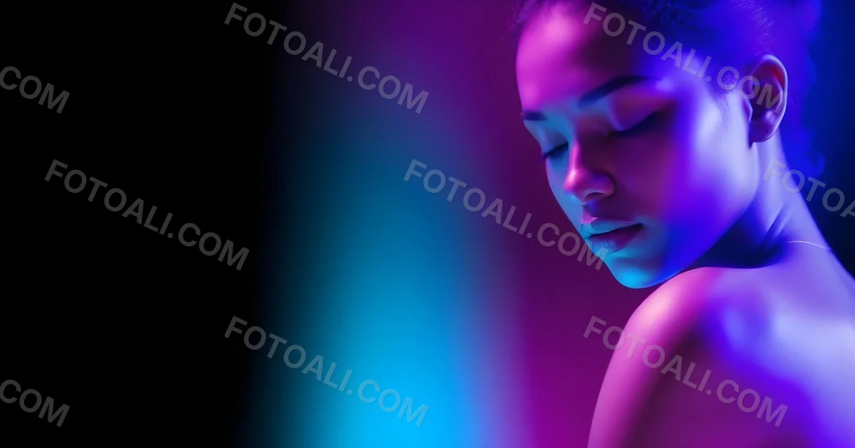 Minimal Soft Studio Light Photography A White Woman 23 Years Old With Dark Skin And Her Eyes Closed In A Dark Background With Blue And Purple Lights High Detail Solid Bold Color Background 45 0553