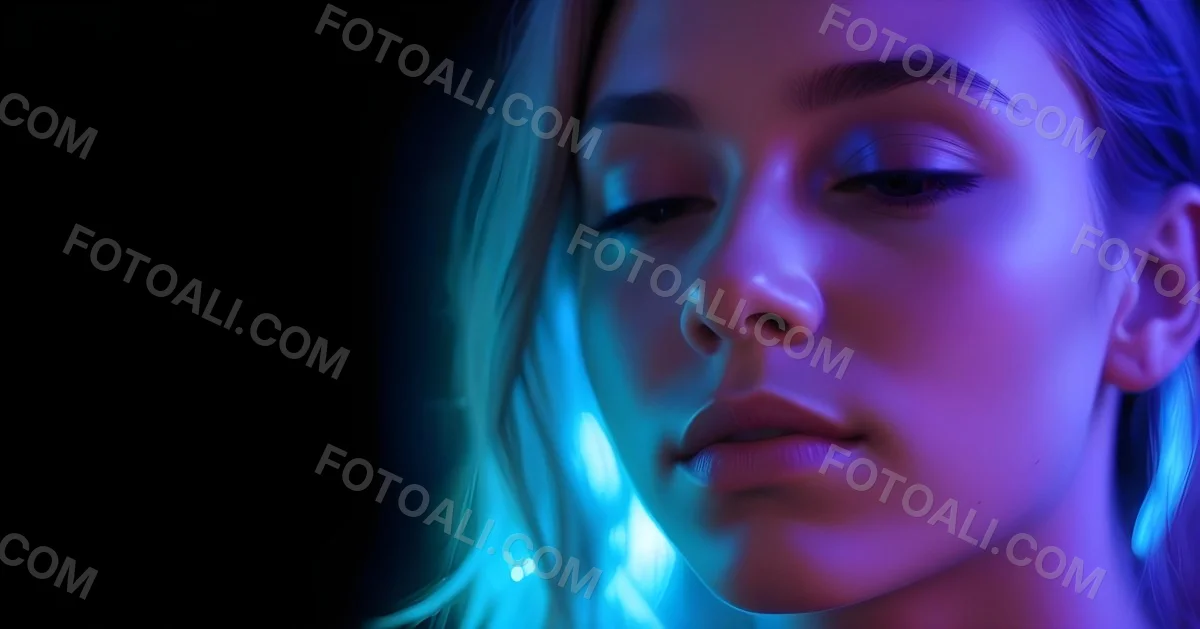 Minimal Soft Studio Light Photography A White Woman 23 Years Old With Dark Skin And Her Eyes Closed In A Dark Background With Blue And Purple Lights High Detail Solid Bold Color Background 46 F1a8