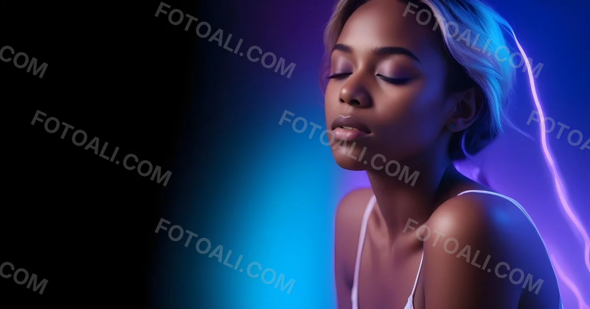 Minimal Soft Studio Light Photography A White Woman 23 Years Old With Dark Skin And Her Eyes Closed In A Dark Background With Blue And Purple Lights High Detail Solid Bold Color Background 49 22ce