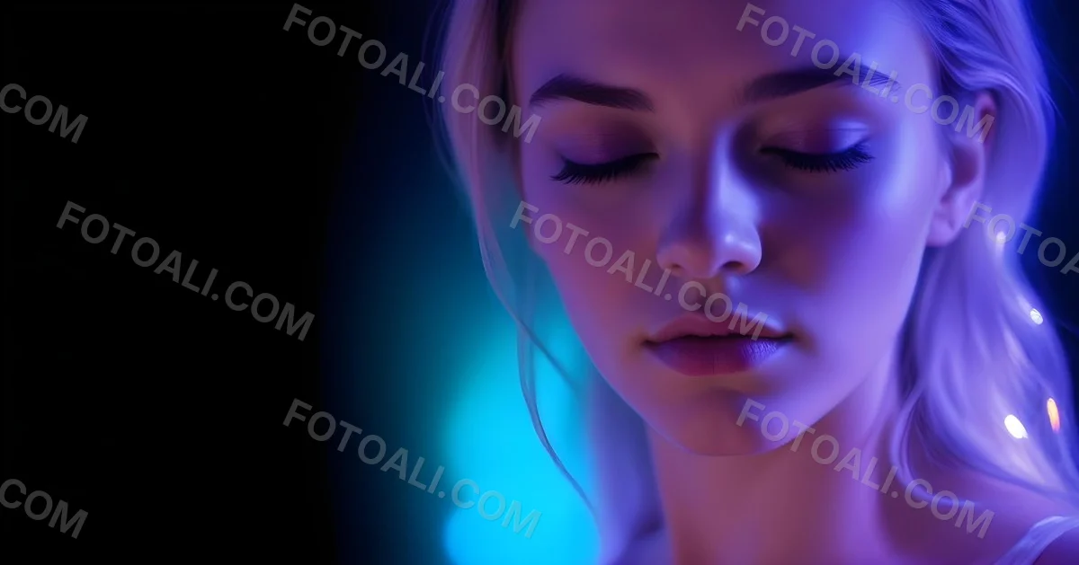 Minimal Soft Studio Light Photography A White Woman 23 Years Old With Dark Skin And Her Eyes Closed In A Dark Background With Blue And Purple Lights High Detail Solid Bold Color Background 5 6769