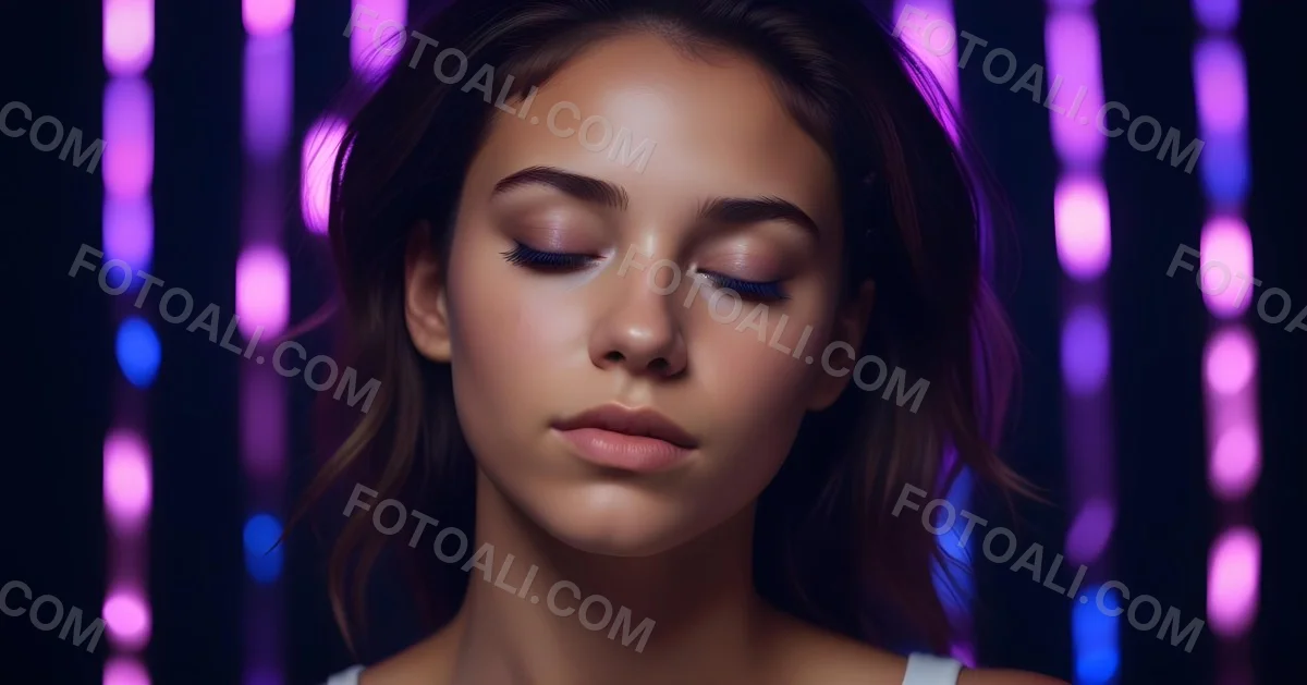 Minimal Soft Studio Light Photography A White Woman 23 Years Old With Dark Skin And Her Eyes Closed In A Dark Background With Blue And Purple Lights High Detail Solid Bold Color Background 50 A626