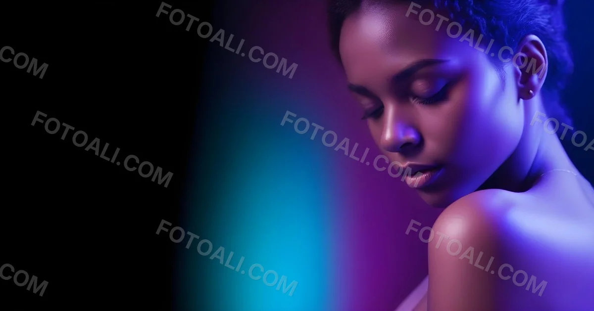 Minimal Soft Studio Light Photography A White Woman 23 Years Old With Dark Skin And Her Eyes Closed In A Dark Background With Blue And Purple Lights High Detail Solid Bold Color Background 51 Be1d