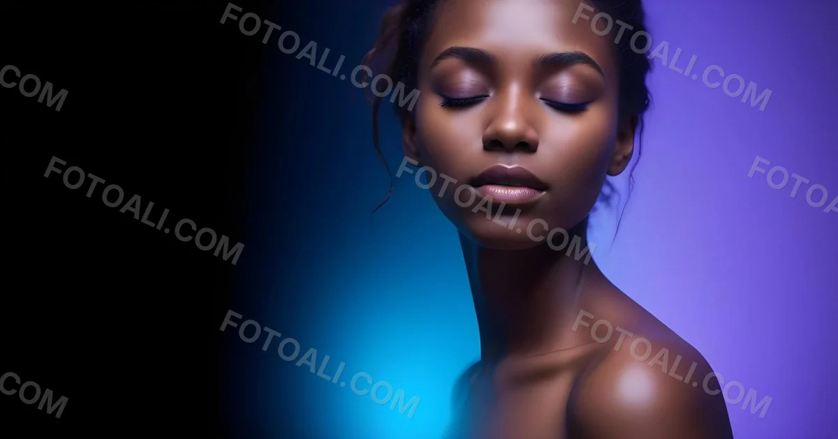 Minimal Soft Studio Light Photography A White Woman 23 Years Old With Dark Skin And Her Eyes Closed In A Dark Background With Blue And Purple Lights High Detail Solid Bold Color Background 52 8d2c