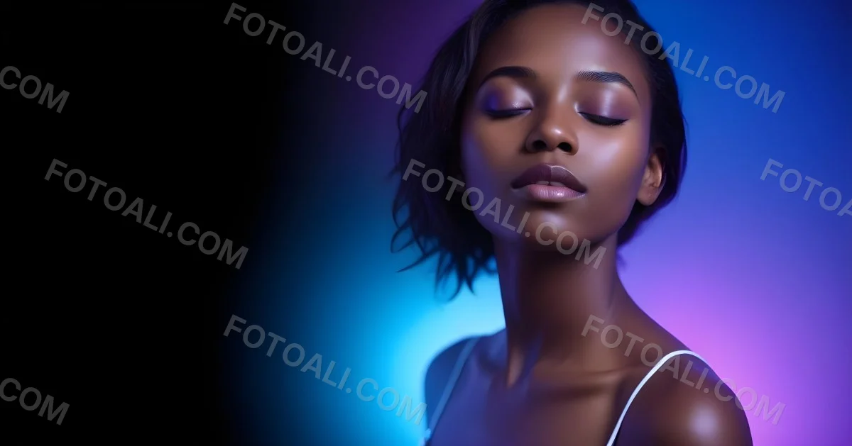 Minimal Soft Studio Light Photography A White Woman 23 Years Old With Dark Skin And Her Eyes Closed In A Dark Background With Blue And Purple Lights High Detail Solid Bold Color Background 53 5211