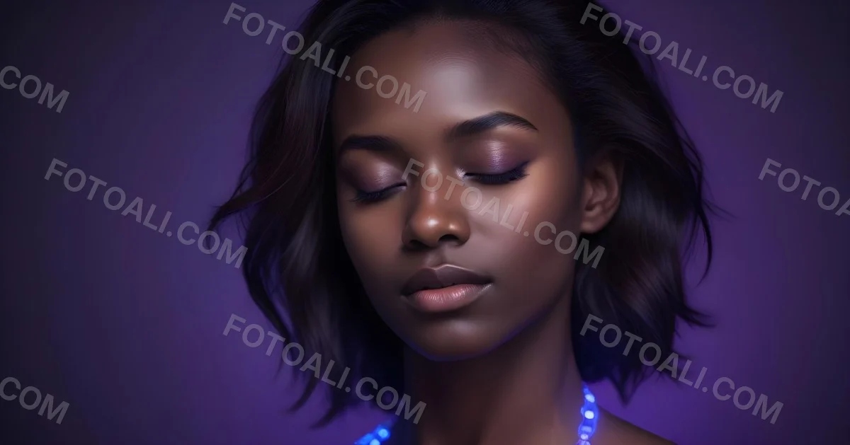 Minimal Soft Studio Light Photography A White Woman 23 Years Old With Dark Skin And Her Eyes Closed In A Dark Background With Blue And Purple Lights High Detail Solid Bold Color Background 54 C529