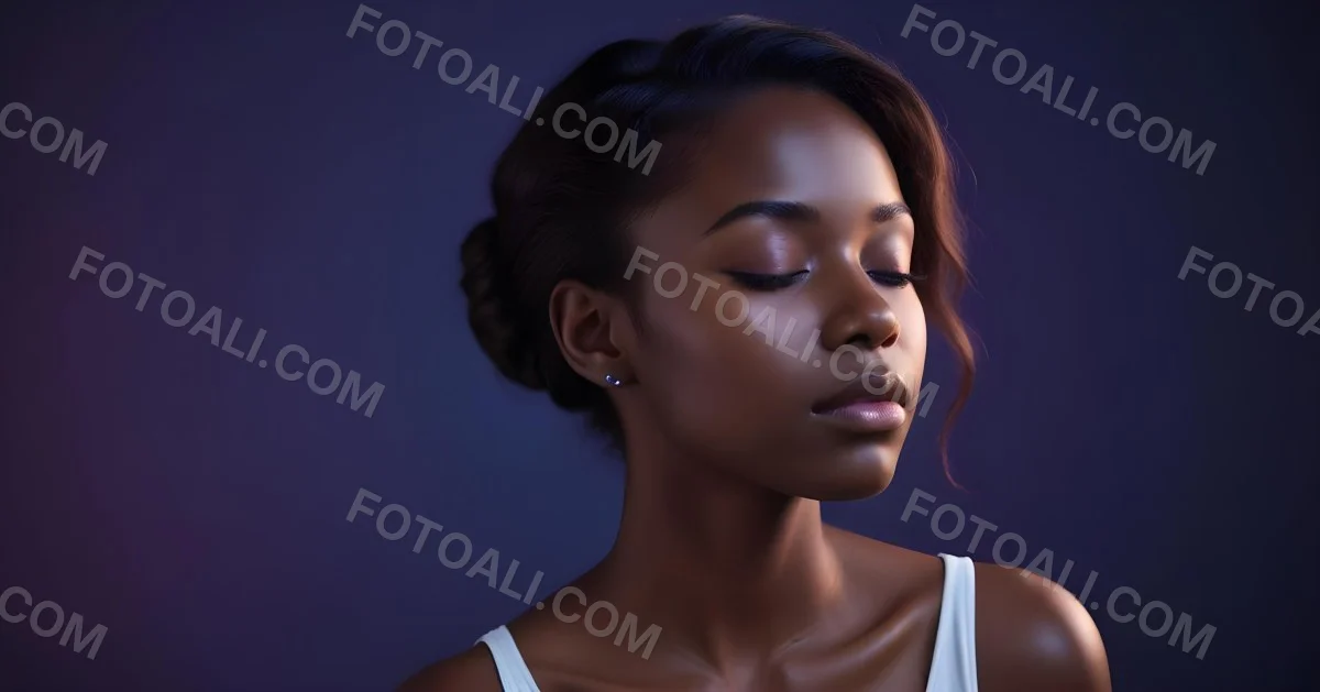 Minimal Soft Studio Light Photography A White Woman 23 Years Old With Dark Skin And Her Eyes Closed In A Dark Background With Blue And Purple Lights High Detail Solid Bold Color Background 55 Aae2