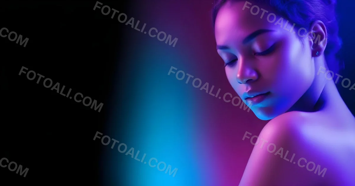 Minimal Soft Studio Light Photography A White Woman 23 Years Old With Dark Skin And Her Eyes Closed In A Dark Background With Blue And Purple Lights High Detail Solid Bold Color Background 6 F4aa