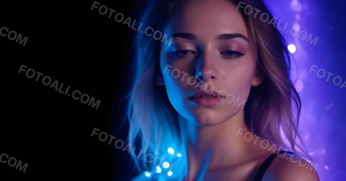 Minimal Soft Studio Light Photography A White Woman 23 Years Old With Dark Skin And Her Eyes Closed In A Dark Background With Blue And Purple Lights High Detail Solid Bold Color Background 7 B658