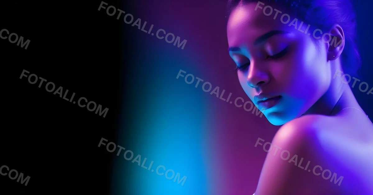 Minimal Soft Studio Light Photography A White Woman 23 Years Old With Dark Skin And Her Eyes Closed In A Dark Background With Blue And Purple Lights High Detail Solid Bold Color Background 8 566a