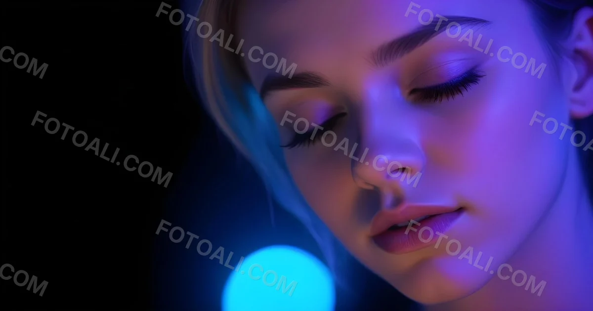 Minimal Soft Studio Light Photography A White Woman 23 Years Old With Dark Skin And Her Eyes Closed In A Dark Background With Blue And Purple Lights High Detail Solid Bold Color Background 9 8bd5