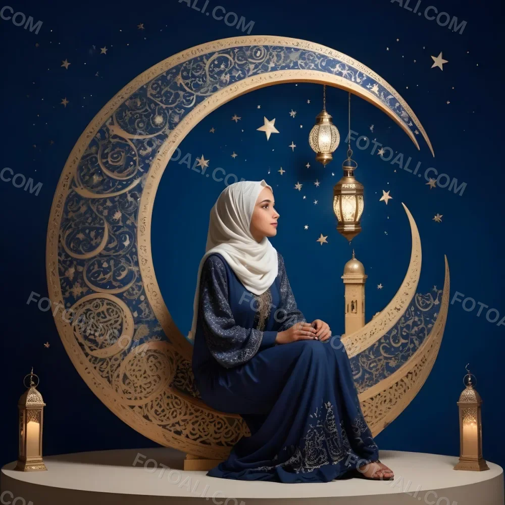 Minimal Soft Studio Light Photography A Woman Wearing A Hijab Sitting On A Large Ornate Crescent Moon She Is Holding A Lantern And Appears To Be Engaged In A Thoughtful Activity The Background Is A Deep Blue With De 1 E50b