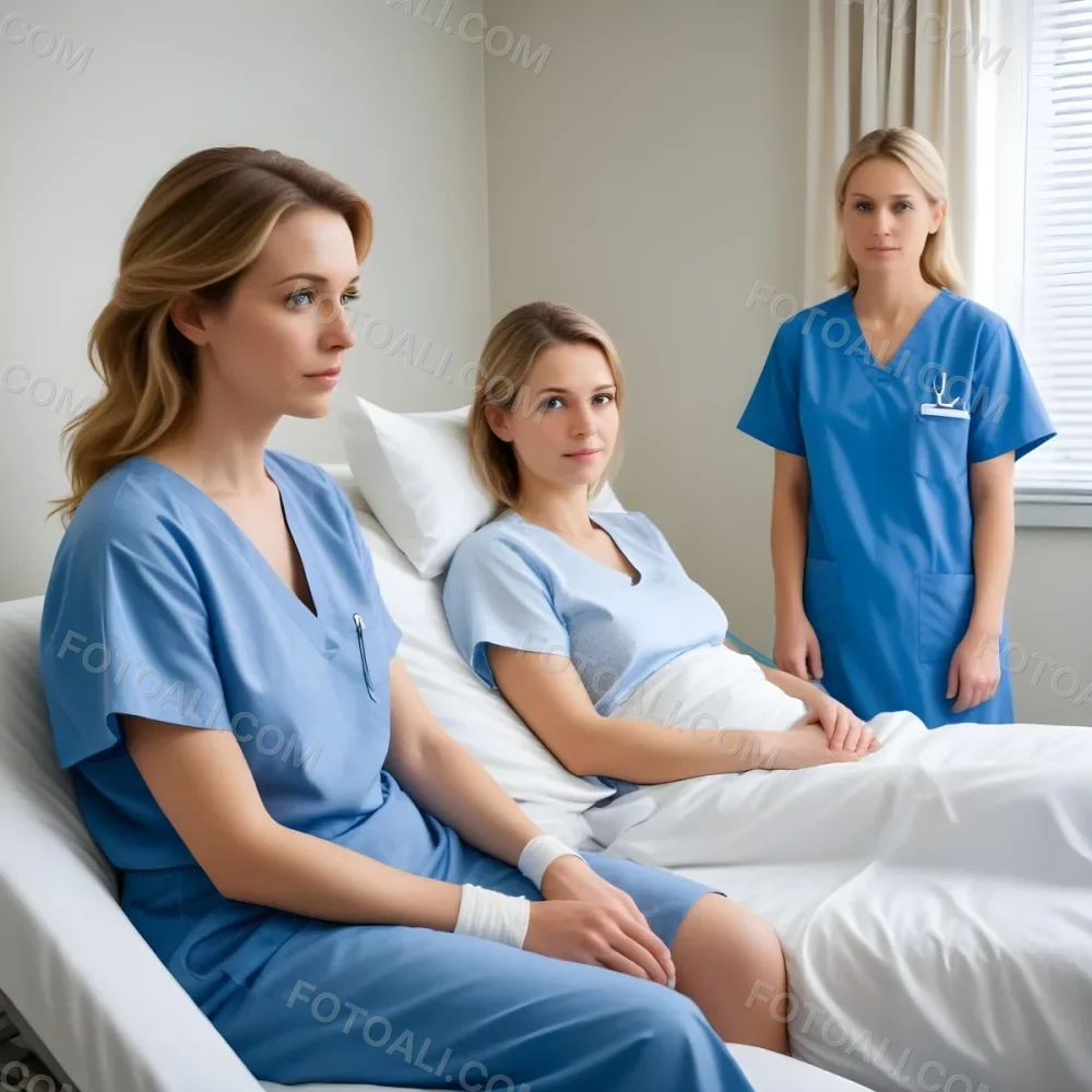 Minimal Soft Studio Light Photography A Woman With Light Brown Hair And A Neck Brace Sitting In A Hospital Bed Wearing A Blue Hospital Gown She Appears To Be In Her Mid 30s Another Woman With Blonde Hair In A Casua 11 A939