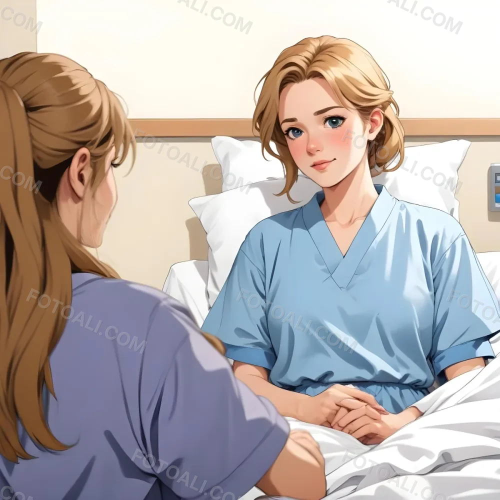 Minimal Soft Studio Light Photography A Woman With Light Brown Hair And A Neck Brace Sitting In A Hospital Bed Wearing A Blue Hospital Gown She Appears To Be In Her Mid 30s Another Woman With Blonde Hair In A Casua 3 1cac