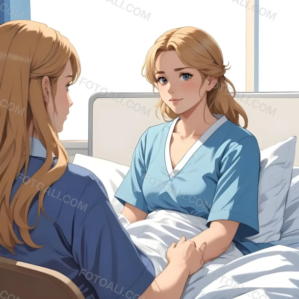 Minimal Soft Studio Light Photography A Woman With Light Brown Hair And A Neck Brace Sitting In A Hospital Bed Wearing A Blue Hospital Gown She Appears To Be In Her Mid 30s Another Woman With Blonde Hair In A Casua 5 B633