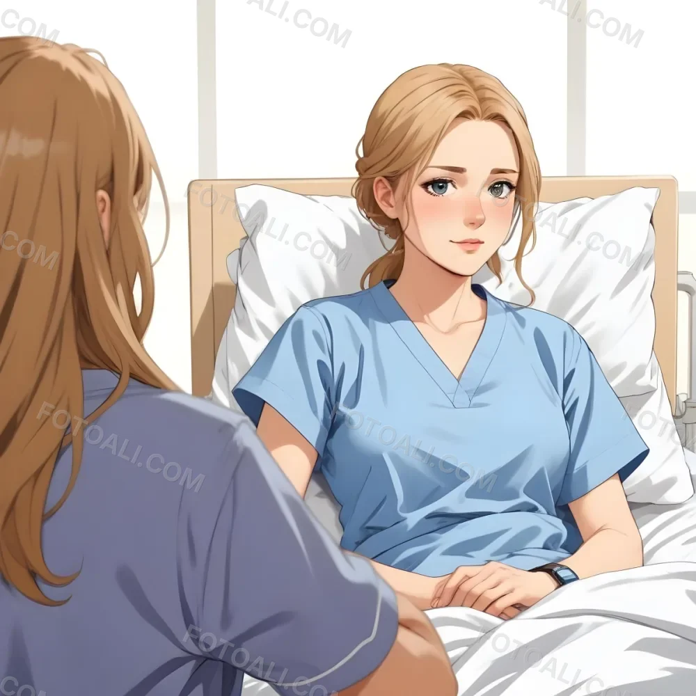Minimal Soft Studio Light Photography A Woman With Light Brown Hair And A Neck Brace Sitting In A Hospital Bed Wearing A Blue Hospital Gown She Appears To Be In Her Mid 30s Another Woman With Blonde Hair In A Casua 6 5617
