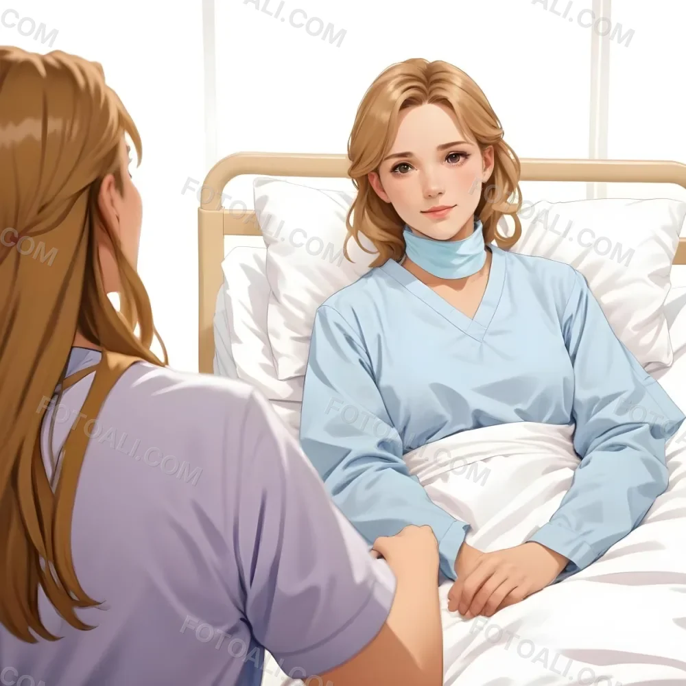 Minimal Soft Studio Light Photography A Woman With Light Brown Hair And A Neck Brace Sitting In A Hospital Bed Wearing A Blue Hospital Gown She Appears To Be In Her Mid 30s Another Woman With Blonde Hair In A Casua 7 A6ba