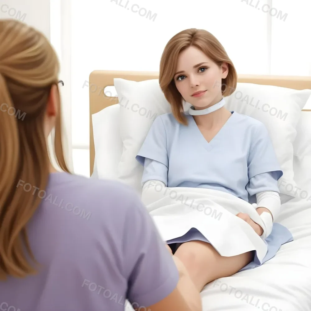 Minimal Soft Studio Light Photography A Woman With Light Brown Hair And A Neck Brace Sitting In A Hospital Bed Wearing A Blue Hospital Gown She Appears To Be In Her Mid 30s Another Woman With Blonde Hair In A Casua 9 6335