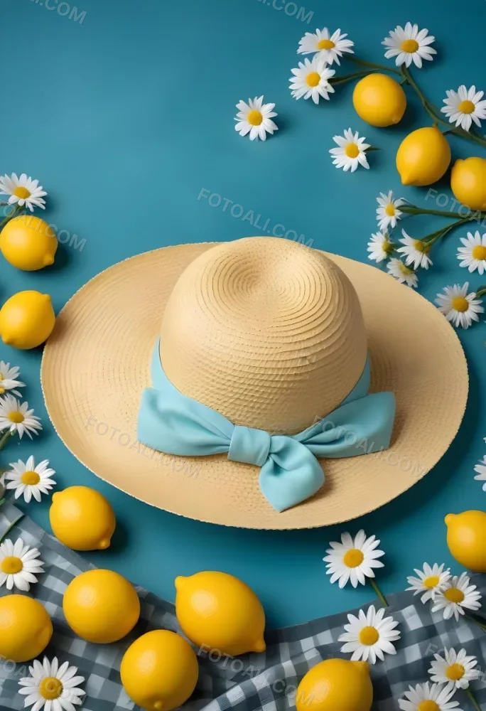 Minimal Soft Studio Light Photography A Yellow Straw Hat With A Bow Surrounded By White Daisies Lemons And A Yellow And White Checkered Cloth On A Teal Blue Background High Detail Solid Bold Color Background 11 4ed7