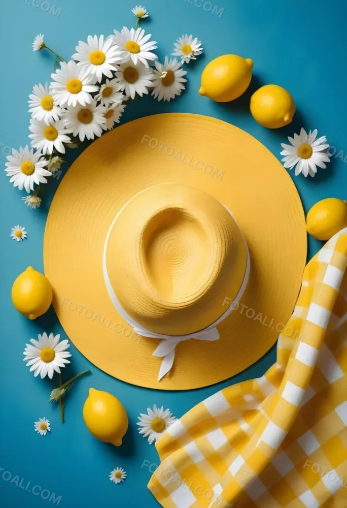 Minimal Soft Studio Light Photography A Yellow Straw Hat With A Bow Surrounded By White Daisies Lemons And A Yellow And White Checkered Cloth On A Teal Blue Background High Detail Solid Bold Color Background 12 37ea