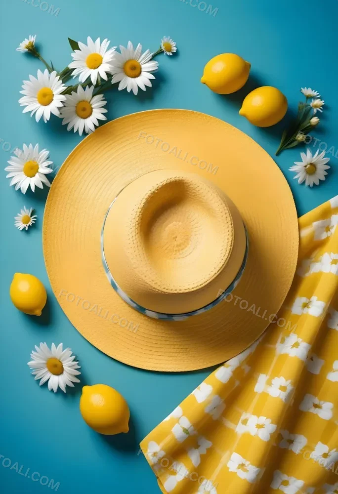 Minimal Soft Studio Light Photography A Yellow Straw Hat With A Bow Surrounded By White Daisies Lemons And A Yellow And White Checkered Cloth On A Teal Blue Background High Detail Solid Bold Color Background 14 C2a2