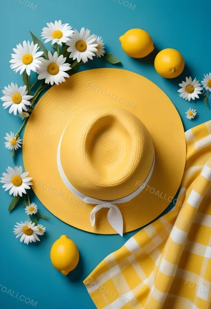 Minimal Soft Studio Light Photography A Yellow Straw Hat With A Bow Surrounded By White Daisies Lemons And A Yellow And White Checkered Cloth On A Teal Blue Background High Detail Solid Bold Color Background 16 6808
