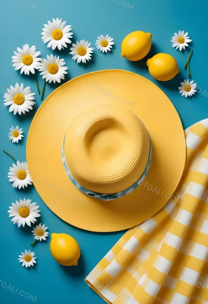 Minimal Soft Studio Light Photography A Yellow Straw Hat With A Bow Surrounded By White Daisies Lemons And A Yellow And White Checkered Cloth On A Teal Blue Background High Detail Solid Bold Color Background 17 Bd47