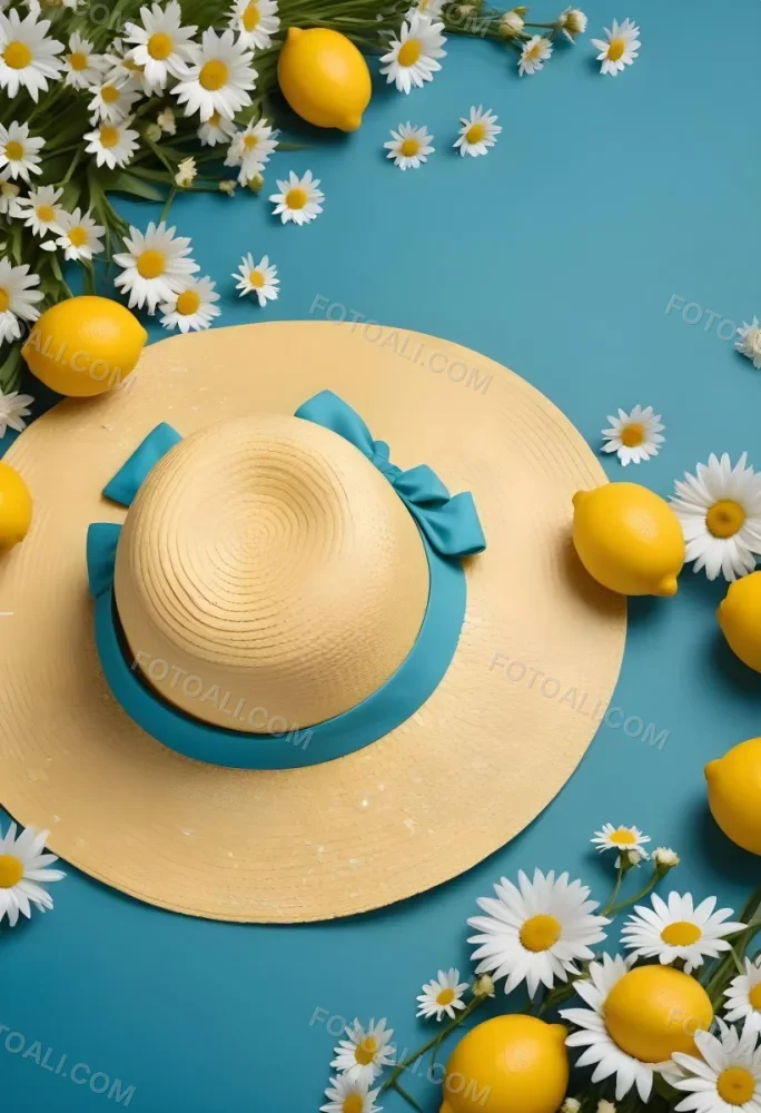 Minimal Soft Studio Light Photography A Yellow Straw Hat With A Bow Surrounded By White Daisies Lemons And A Yellow And White Checkered Cloth On A Teal Blue Background High Detail Solid Bold Color Background 18 E5a9