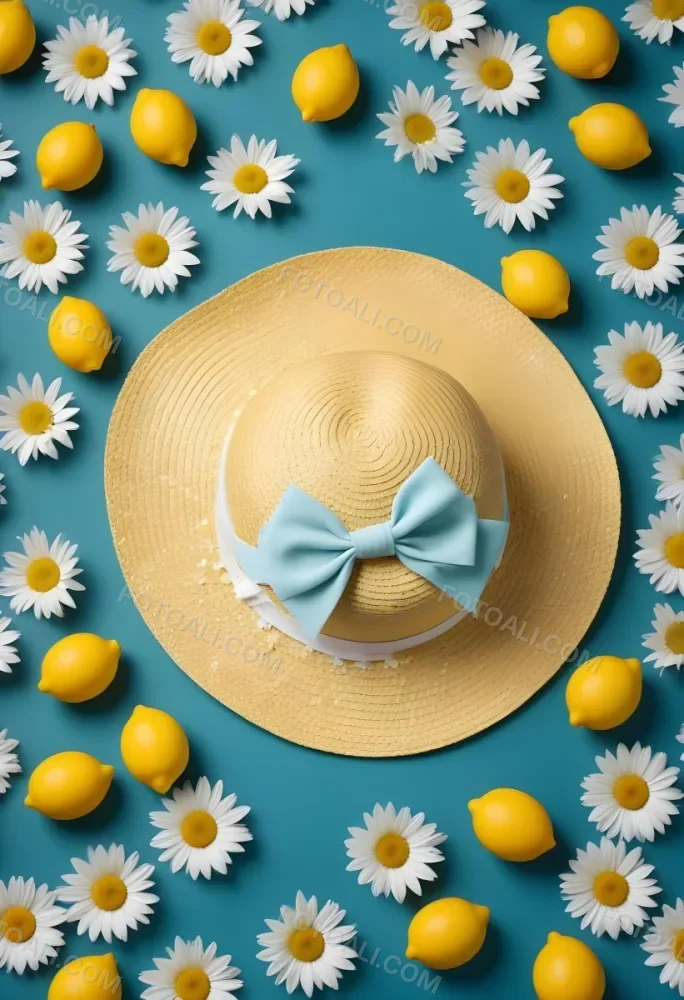 Minimal Soft Studio Light Photography A Yellow Straw Hat With A Bow Surrounded By White Daisies Lemons And A Yellow And White Checkered Cloth On A Teal Blue Background High Detail Solid Bold Color Background 19 974d