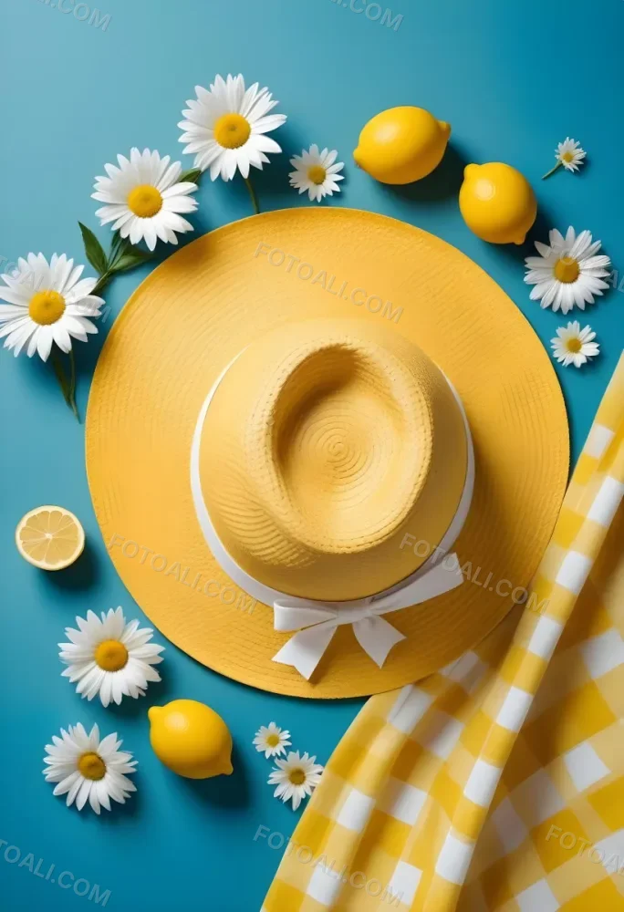Minimal Soft Studio Light Photography A Yellow Straw Hat With A Bow Surrounded By White Daisies Lemons And A Yellow And White Checkered Cloth On A Teal Blue Background High Detail Solid Bold Color Background 2 E74a