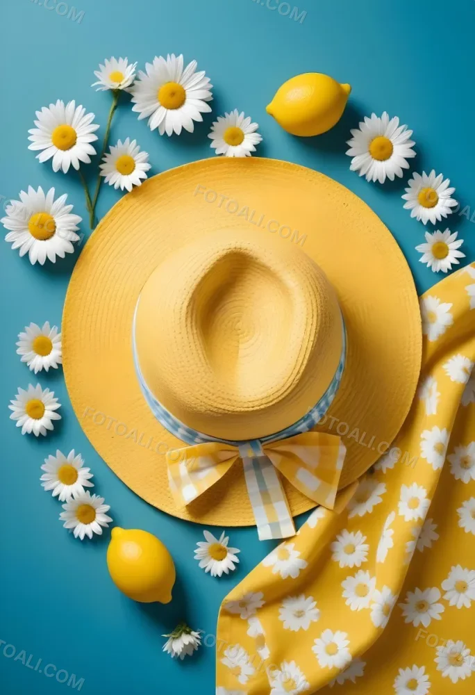 Minimal Soft Studio Light Photography A Yellow Straw Hat With A Bow Surrounded By White Daisies Lemons And A Yellow And White Checkered Cloth On A Teal Blue Background High Detail Solid Bold Color Background 20 Ab37