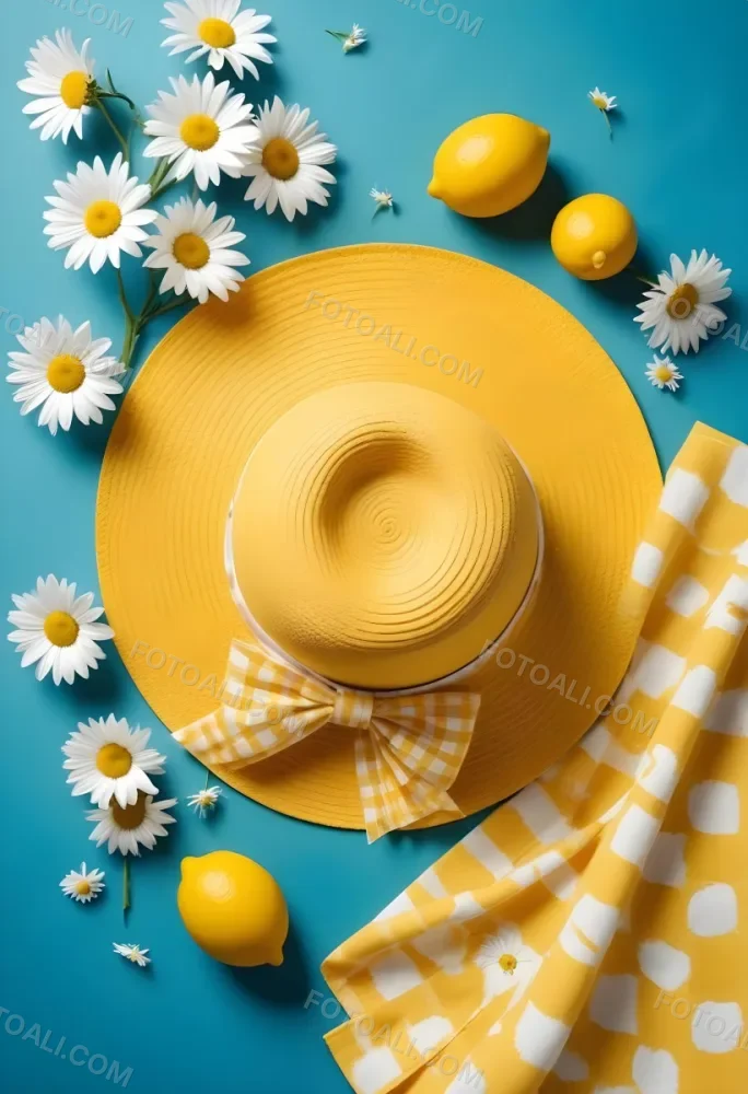 Minimal Soft Studio Light Photography A Yellow Straw Hat With A Bow Surrounded By White Daisies Lemons And A Yellow And White Checkered Cloth On A Teal Blue Background High Detail Solid Bold Color Background 22 A5c6
