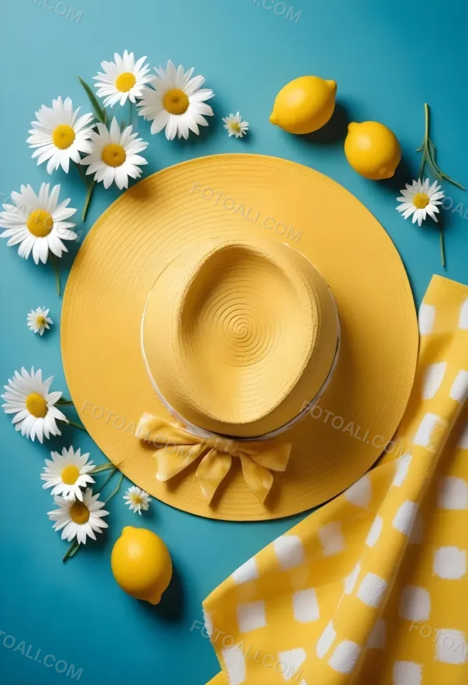 Minimal Soft Studio Light Photography A Yellow Straw Hat With A Bow Surrounded By White Daisies Lemons And A Yellow And White Checkered Cloth On A Teal Blue Background High Detail Solid Bold Color Background 23 Ec2e