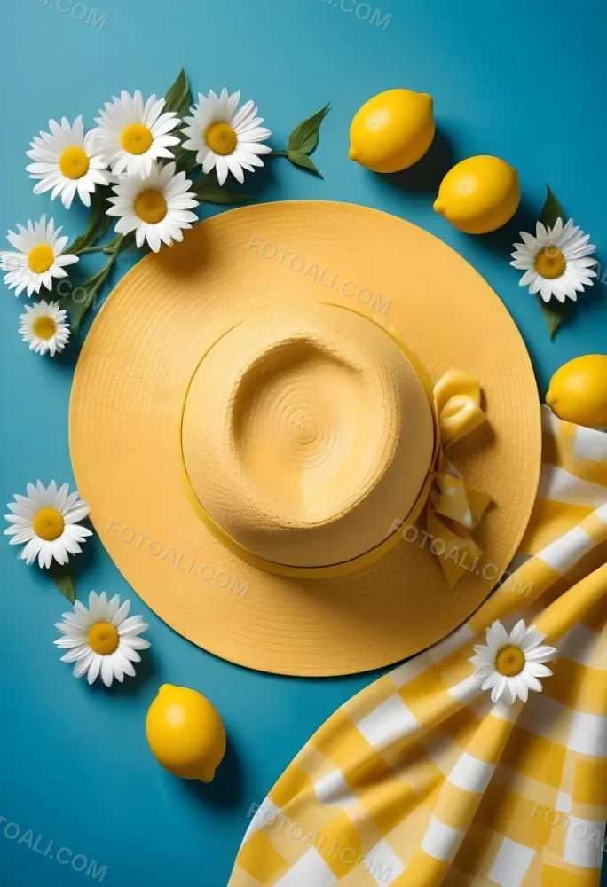 Minimal Soft Studio Light Photography A Yellow Straw Hat With A Bow Surrounded By White Daisies Lemons And A Yellow And White Checkered Cloth On A Teal Blue Background High Detail Solid Bold Color Background 24 43cd