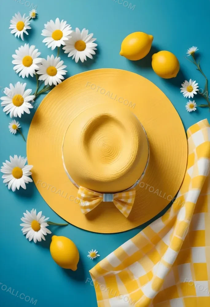 Minimal Soft Studio Light Photography A Yellow Straw Hat With A Bow Surrounded By White Daisies Lemons And A Yellow And White Checkered Cloth On A Teal Blue Background High Detail Solid Bold Color Background 28 40df