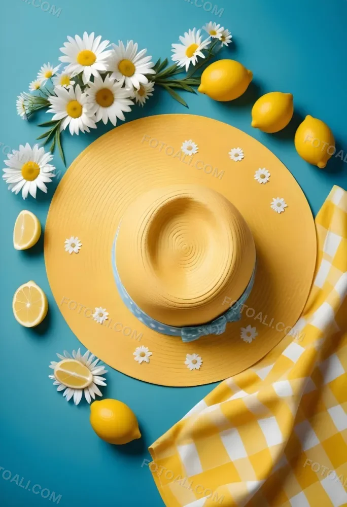 Minimal Soft Studio Light Photography A Yellow Straw Hat With A Bow Surrounded By White Daisies Lemons And A Yellow And White Checkered Cloth On A Teal Blue Background High Detail Solid Bold Color Background 29 7713