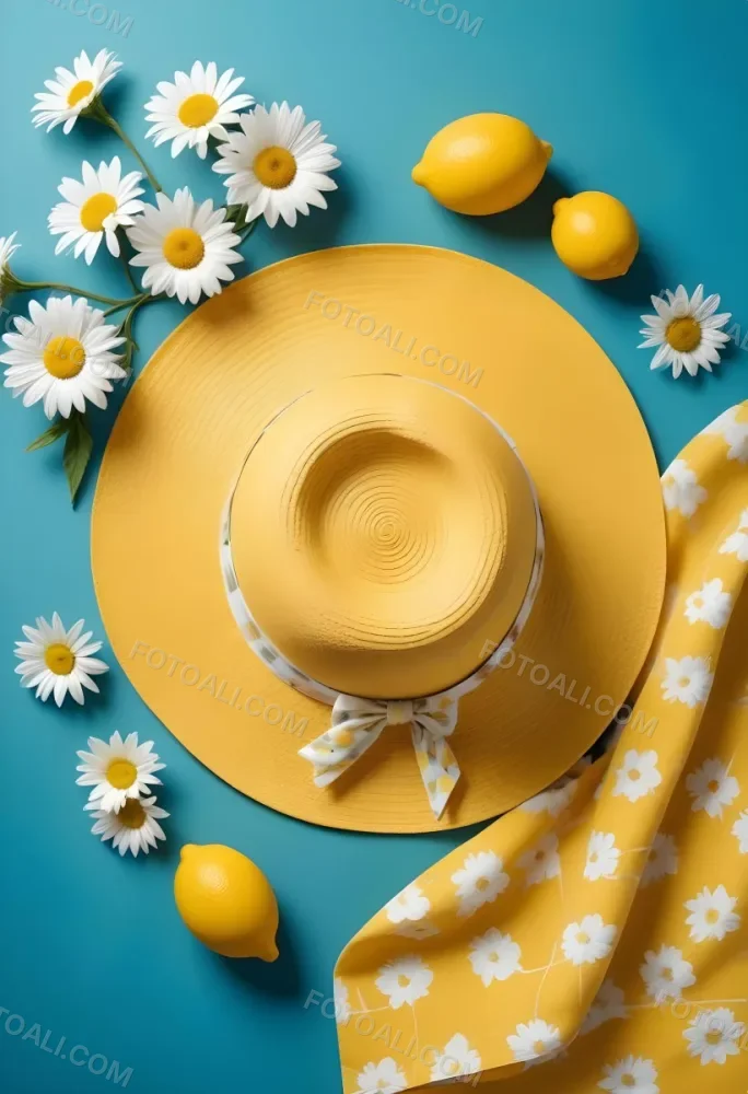 Minimal Soft Studio Light Photography A Yellow Straw Hat With A Bow Surrounded By White Daisies Lemons And A Yellow And White Checkered Cloth On A Teal Blue Background High Detail Solid Bold Color Background 3 1309