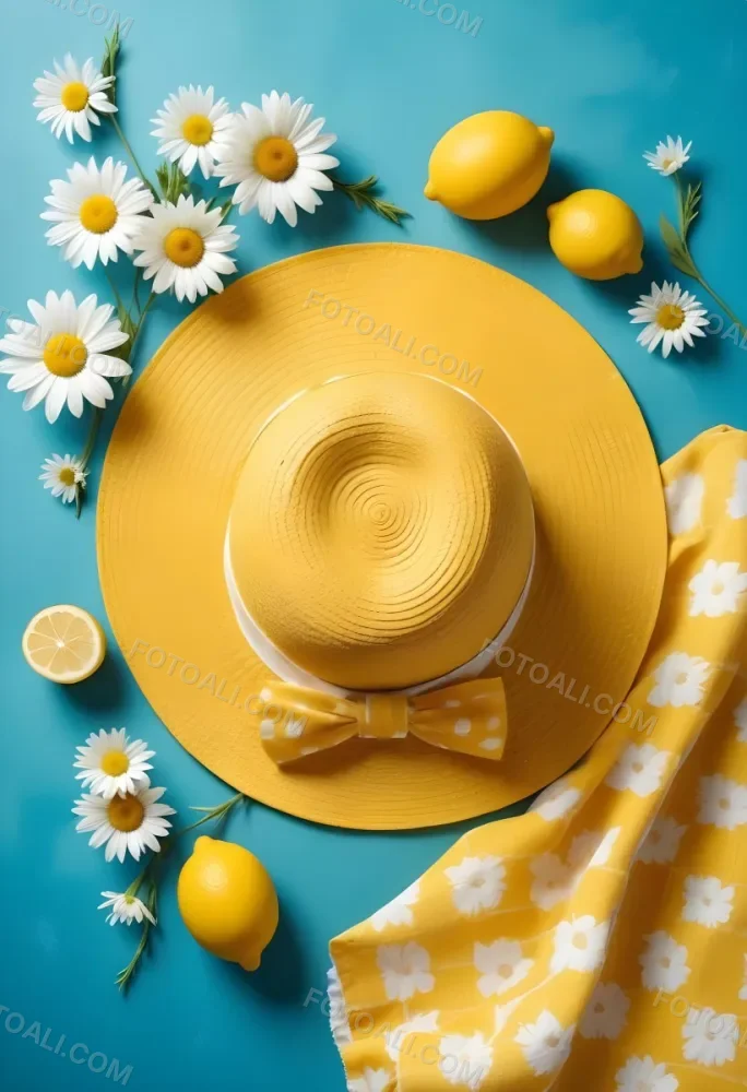 Minimal Soft Studio Light Photography A Yellow Straw Hat With A Bow Surrounded By White Daisies Lemons And A Yellow And White Checkered Cloth On A Teal Blue Background High Detail Solid Bold Color Background 30 Fbe7