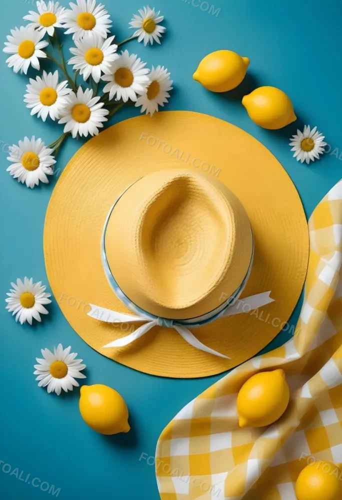 Minimal Soft Studio Light Photography A Yellow Straw Hat With A Bow Surrounded By White Daisies Lemons And A Yellow And White Checkered Cloth On A Teal Blue Background High Detail Solid Bold Color Background 4 F513