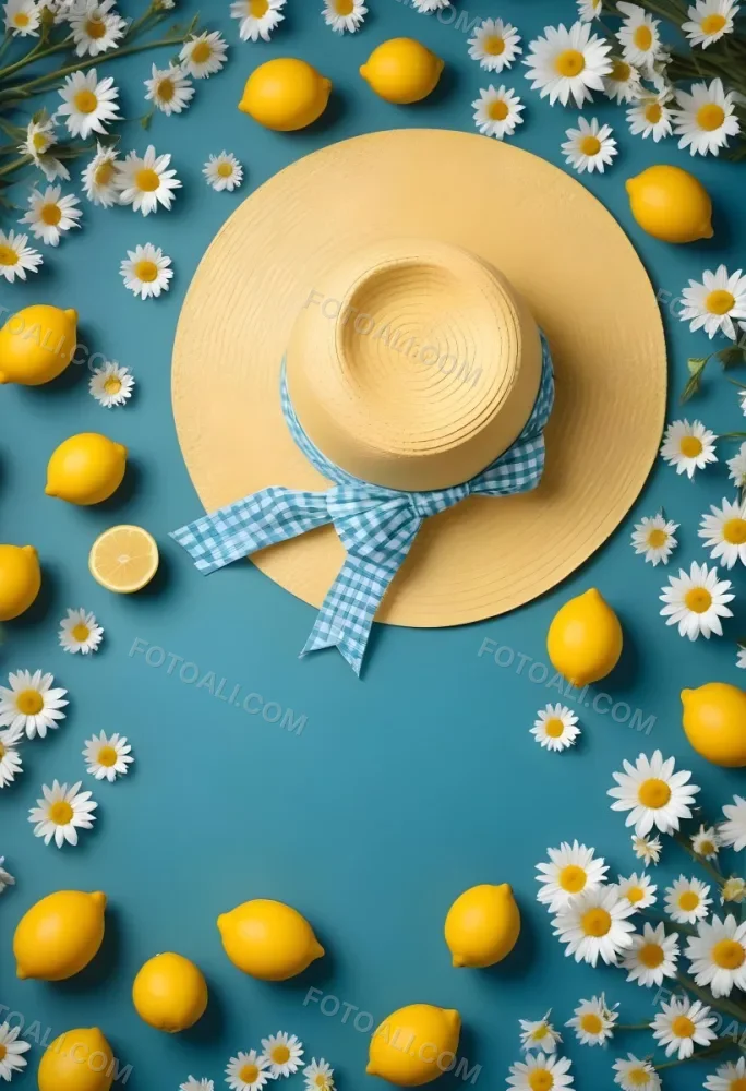 Minimal Soft Studio Light Photography A Yellow Straw Hat With A Bow Surrounded By White Daisies Lemons And A Yellow And White Checkered Cloth On A Teal Blue Background High Detail Solid Bold Color Background 8 C40d