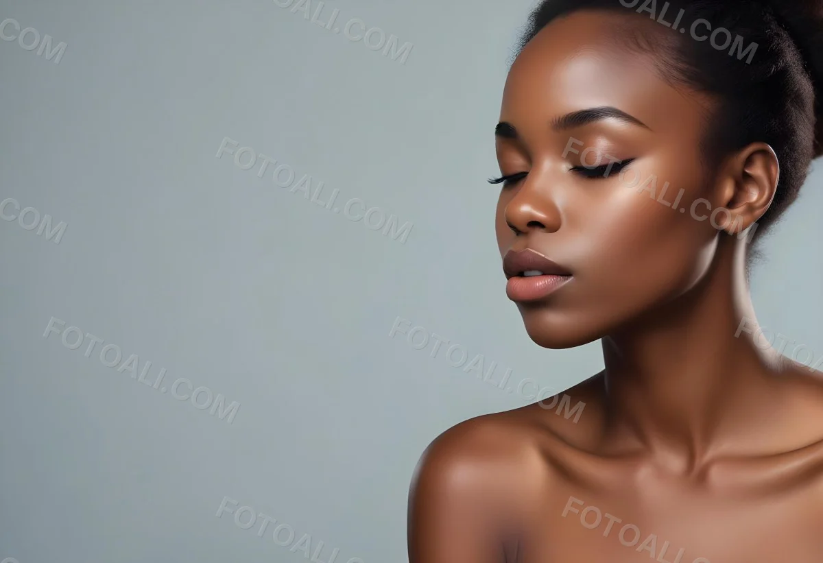 Minimal Soft Studio Light Photography A Young African Woman With Dark Skin Full Lips And Closed Eyes Her Face Is The Main Focus Of The Image Against A Plain Background High Detail Solid Bold Color Background 36 0316