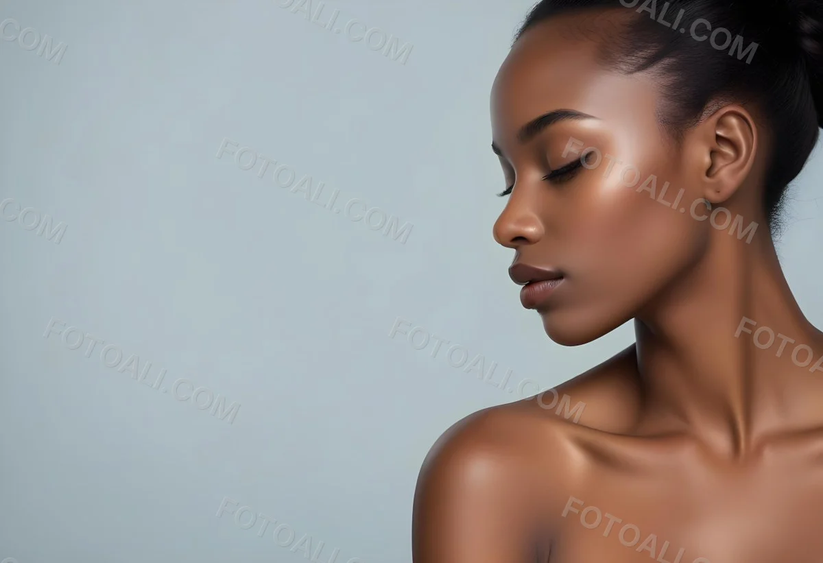 Minimal Soft Studio Light Photography A Young African Woman With Dark Skin Full Lips And Closed Eyes Her Face Is The Main Focus Of The Image Against A Plain Background High Detail Solid Bold Color Background 45 5a7f