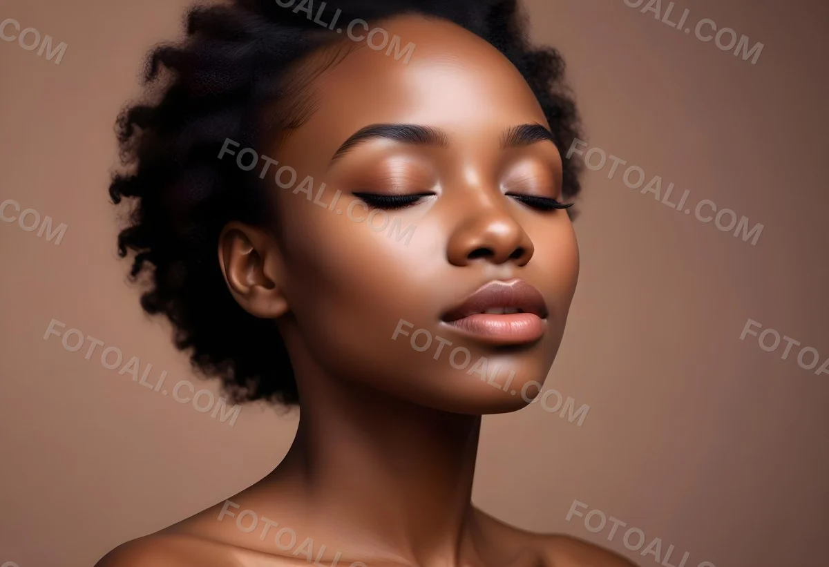 Minimal Soft Studio Light Photography A Young African Woman With Dark Skin Full Lips And Closed Eyes Her Face Is The Main Focus Of The Image Against A Plain Background High Detail Solid Bold Color Background 47 E9a6