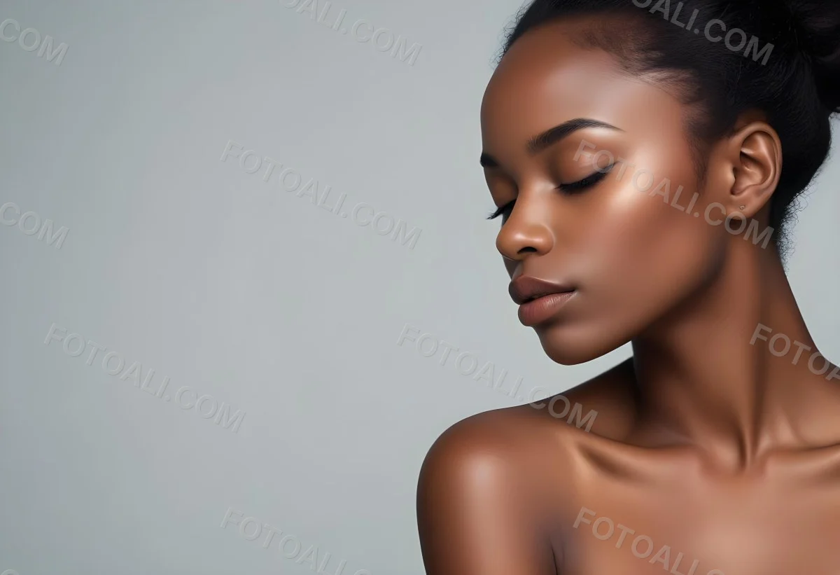 Minimal Soft Studio Light Photography A Young African Woman With Dark Skin Full Lips And Closed Eyes Her Face Is The Main Focus Of The Image Against A Plain Background High Detail Solid Bold Color Background 5 Edbc